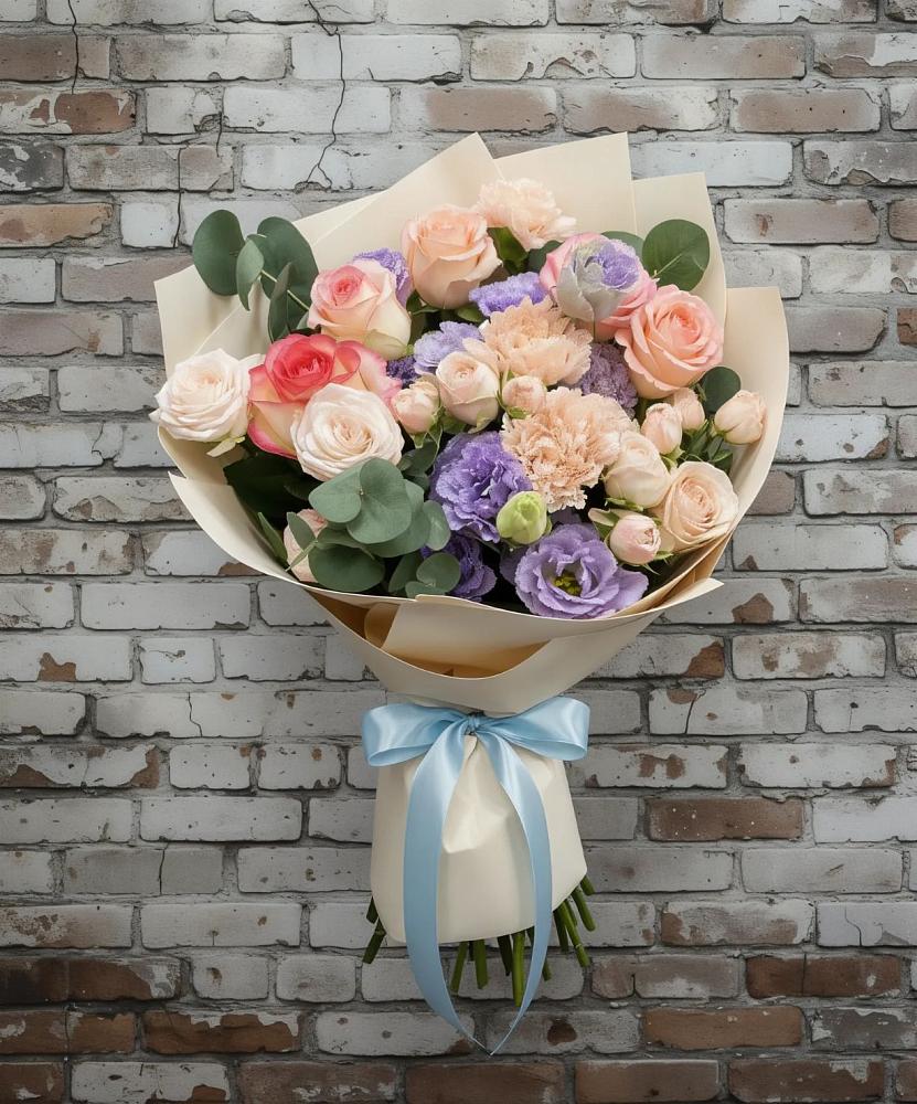 Букет цветов из: Розы, Лизиантусы и Гвоздики в Посевной