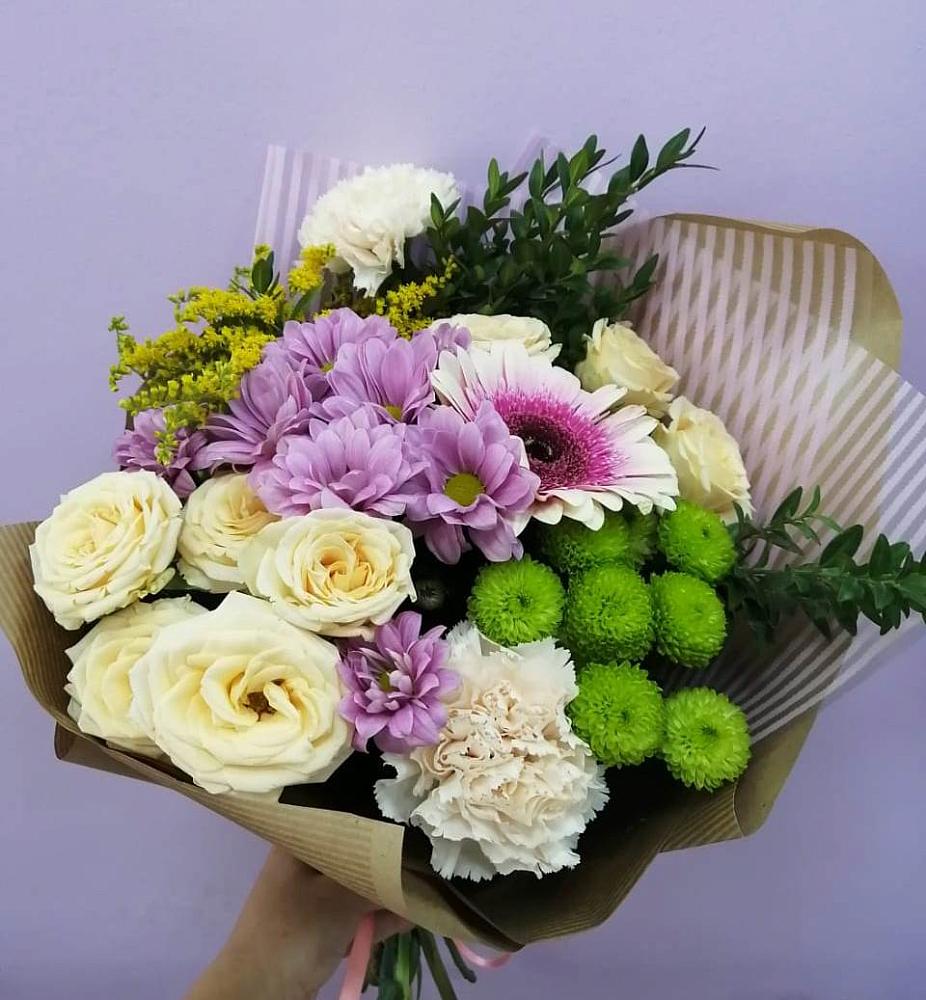 Букет цветов из: Хризантемы, Розы, Гвоздики и Герберы в Посевной