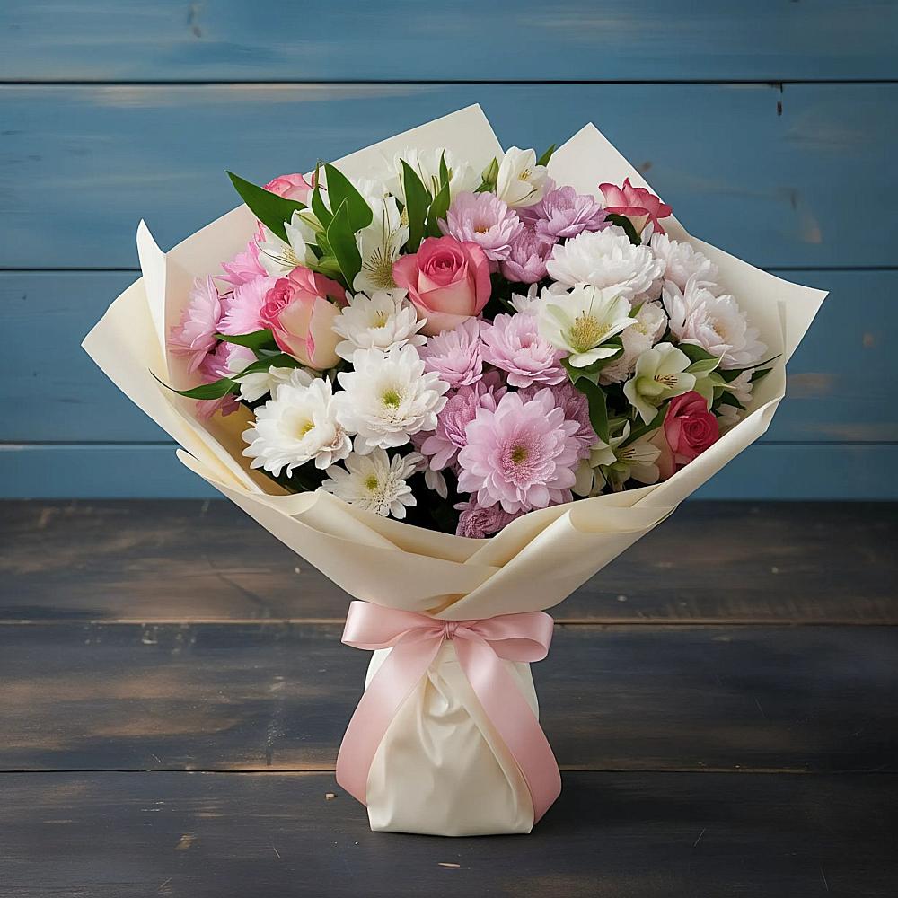 Букет цветов из: Хризантемы, Альстромерии и Розы в Посевной